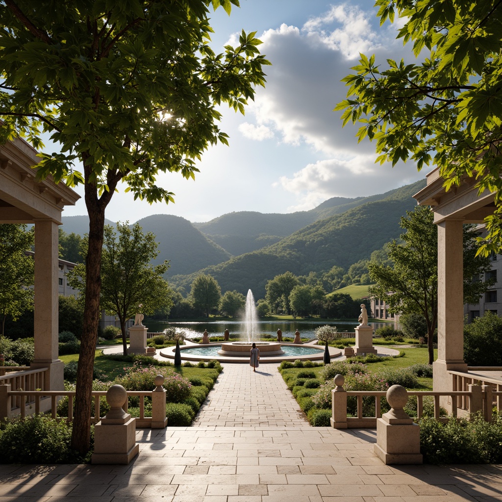 Prompt: Idyllic rolling hills, serene lakeside, lush greenery, ornate fountains, statuesque sculptures, grand staircases, symmetrical gardens, classic columns, arches, domes, marble floors, rustic stone walls, wooden accents, vintage lamp posts, soft warm lighting, shallow depth of field, 3/4 composition, panoramic view, realistic textures, ambient occlusion.