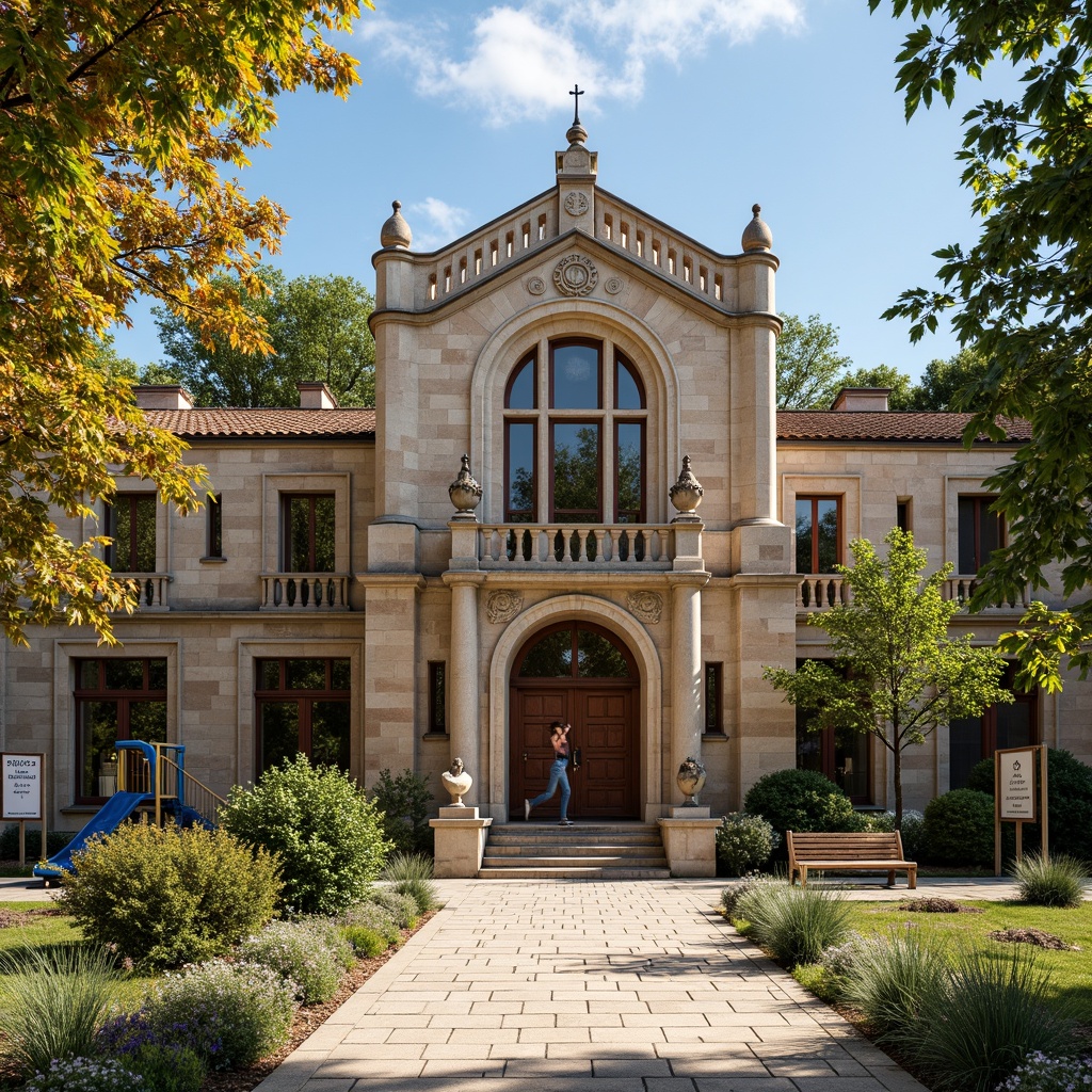 Prompt: Rustic school building, Romanesque style, ornate carvings, intricate stonework, grand entrance archways, heavy wooden doors, ornamental metalwork, Gothic-inspired windows, ribbed vaulted ceilings, rounded columns, carved capitals, richly textured stone walls, lush greenery, vibrant flowers, playground equipment, educational signs, natural stone walkways, sunny day, soft warm lighting, shallow depth of field, 3/4 composition, panoramic view, realistic textures, ambient occlusion.