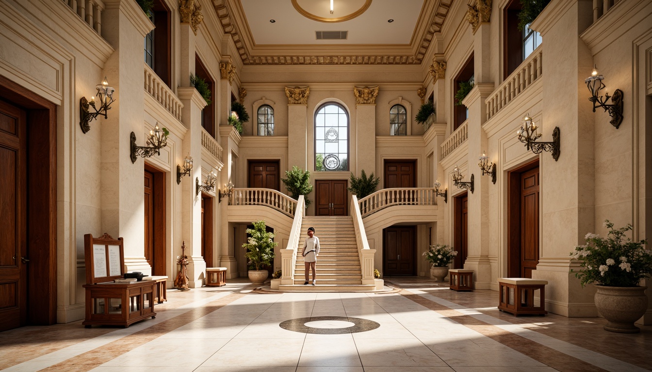 Prompt: Grand courthouse building, neoclassical style, imposing columns, ornate facades, polished marble floors, rich wood paneling, stately staircases, intricate carvings, bronze door handles, grand chandeliers, high ceilings, natural light pouring in, warm beige color scheme, classical architectural details, solemn atmosphere, central clock tower, symmetrical composition, wide-angle lens, soft box lighting, realistic textures.