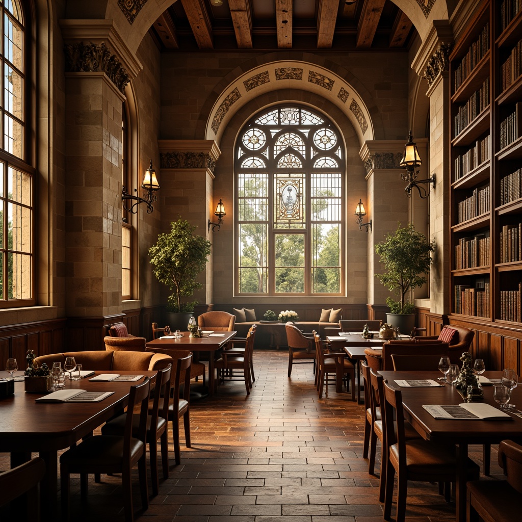 Prompt: Rich walnut wood accents, warm beige stone walls, comforting earthy tones, vintage leather-bound books, ornate bronze fixtures, dramatic archways, grand reading rooms, soft golden lighting, intricate stained glass windows, plush velvet furnishings, mysterious shadows, atmospheric misting effects, cinematic composition, 1/2 depth of field, warm color grading.