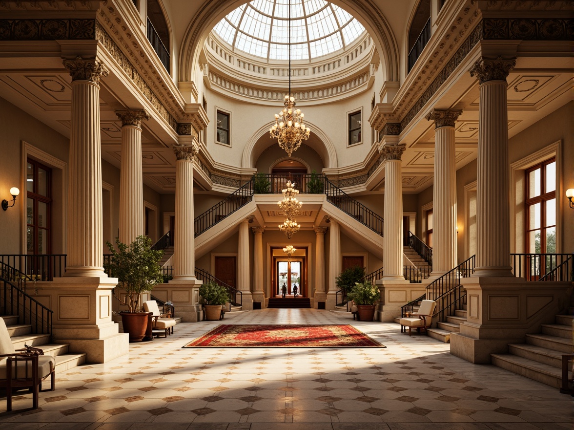 Prompt: Grandiose neoclassical building, ornate columns, intricately carved architraves, symmetrical fa\u00e7ade, grand entrance, sweeping staircases, lavish chandeliers, polished marble floors, richly patterned rugs, opulent furnishings, majestic dome roofs, rusticated quoins, pilasters, cornices, friezes, scrollwork, acanthus leaves motifs, warm golden lighting, shallow depth of field, 1/1 composition, realistic textures, ambient occlusion.