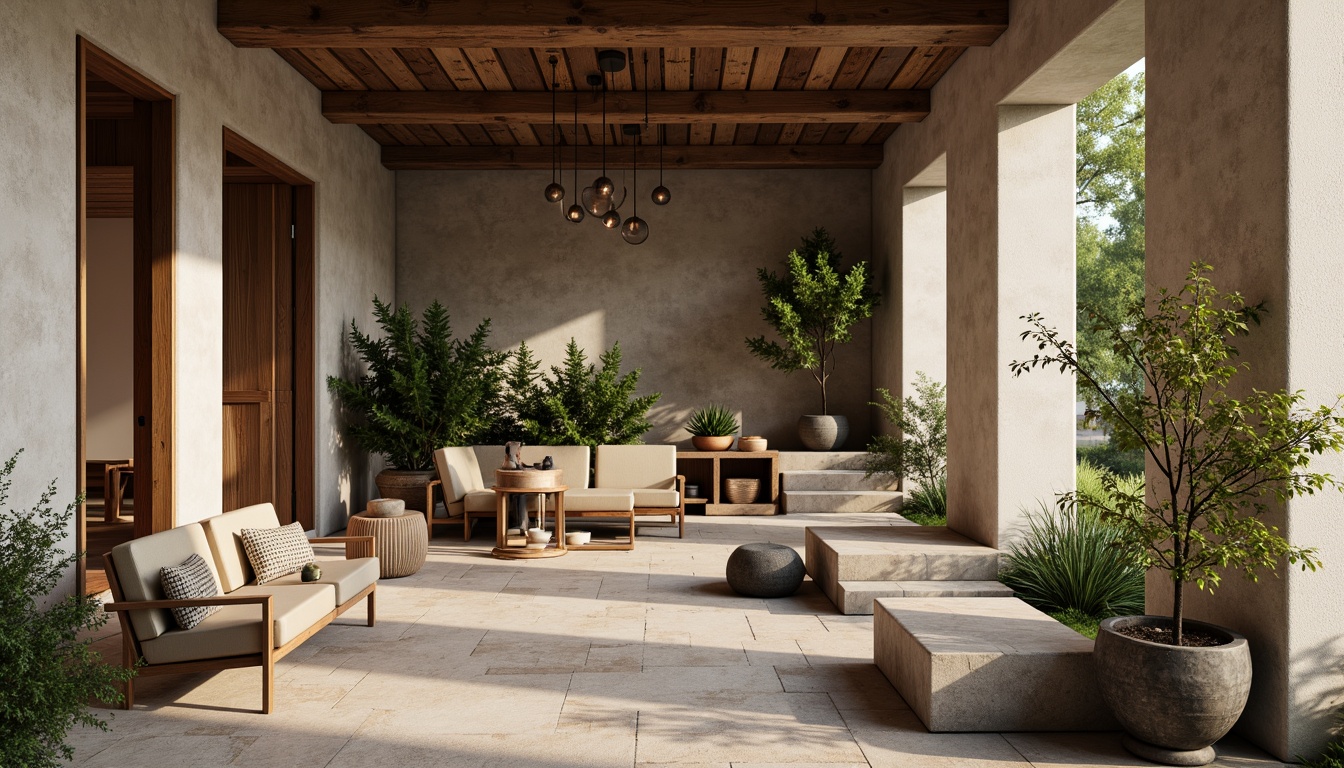 Prompt: Rustic architectural design, earthy tones, rough-textured plastered concrete walls, natural stone foundations, modern minimalist aesthetic, industrial chic accents, exposed ductwork, polished metal fixtures, reclaimed wood furniture, lush greenery, potted plants, soft warm lighting, shallow depth of field, 3/4 composition, realistic textures, ambient occlusion.