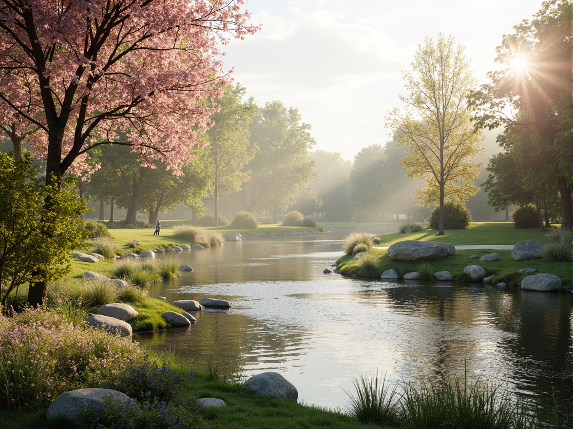 Prompt: Soft pastel hues, calming atmosphere, serene natural scenery, gentle water features, lush greenery, vibrant blooming flowers, warm sunny day, soft diffused lighting, shallow depth of field, 3/4 composition, panoramic view, realistic textures, ambient occlusion, soothing color harmony, analogous color scheme, monochromatic palette, complementary color accents, split-complementary color balance, triadic color vibrancy.