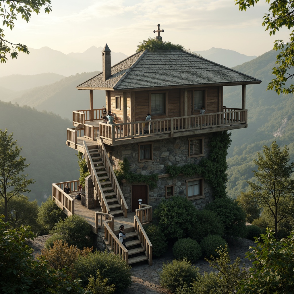 Prompt: Scenic mountainous backdrop, rustic wooden watchtower, weathered stone foundation, winding staircase, panoramic viewing deck, binoculars, telescopes, nature-inspired color palette, earthy tones, moss-covered roofs, vines crawling up walls, misty morning atmosphere, soft warm lighting, atmospheric depth of field, 1/2 composition, cinematic perspective, realistic foliage, ambient occlusion.Let me know if you need any adjustments!