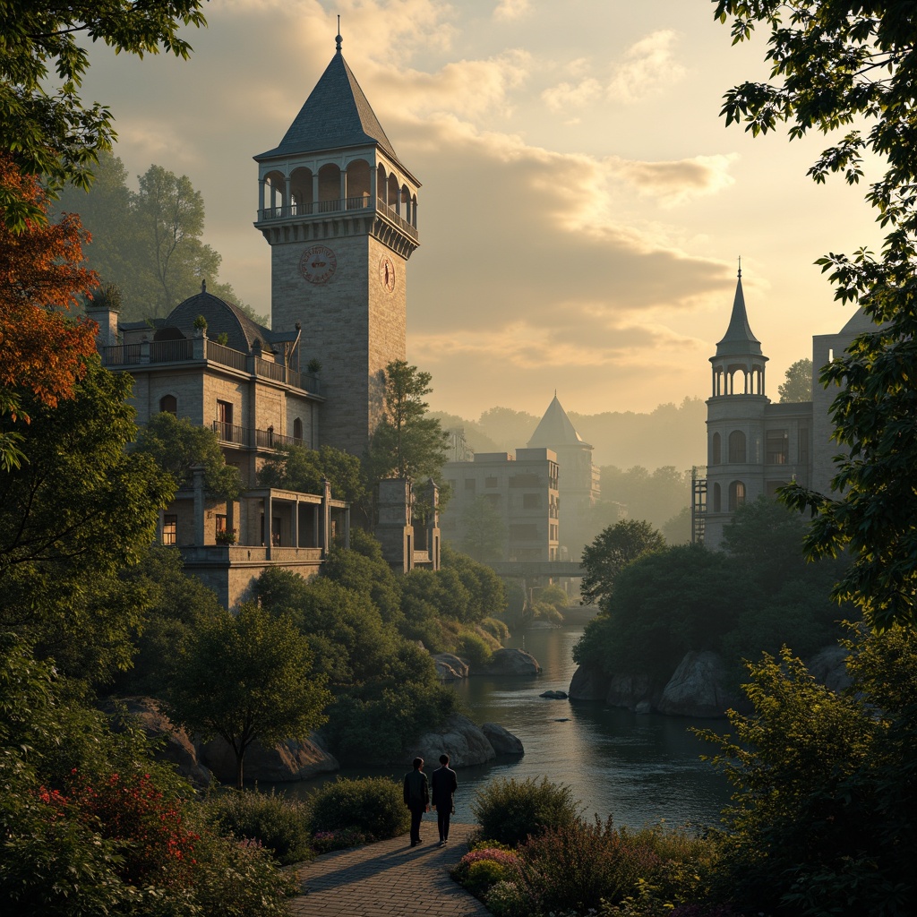 Prompt: Dreamy towers, mystical atmosphere, warm golden lighting, intricate stone carvings, grandiose archways, ornate balconies, whimsical turrets, majestic clock towers, rustic wooden bridges, misty foggy mornings, vibrant blooming flowers, lush greenery, winding cobblestone paths, ancient ruins, mysterious forests, soft focus blur, 1/2 composition, warm color palette, cinematic ambiance.