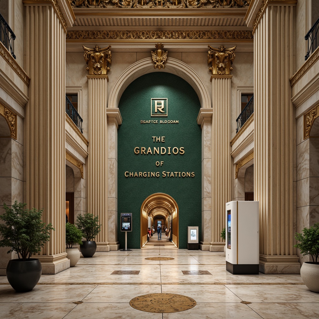 Prompt: Grandiose charging stations, neoclassical architecture, ornate details, marble-like surfaces, metallic accents, gold-plated fixtures, rich jewel-toned colors, emerald green, navy blue, crimson red, creamy whites, warm beige, subtle gradient effects, intricate moldings, fluted columns, ornamental friezes, elegant typography, luxurious materials, high-gloss finishes, softbox lighting, shallow depth of field, 1/2 composition, realistic textures, ambient occlusion.