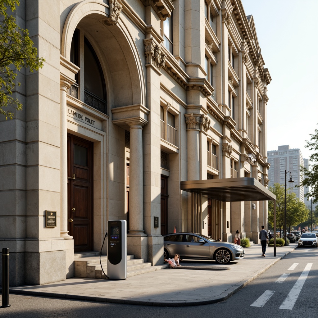 Prompt: Grandiose charging station, neoclassical facade, ornate columns, symmetrical architecture, cream-colored stone walls, elegant arches, decorative cornices, intricately carved details, bronze door handles, grand entranceways, LED lighting strips, futuristic charging points, sleek metal canopies, urban cityscape, busy street scene, morning sunlight, soft warm glow, shallow depth of field, 1/1 composition, realistic textures, ambient occlusion.