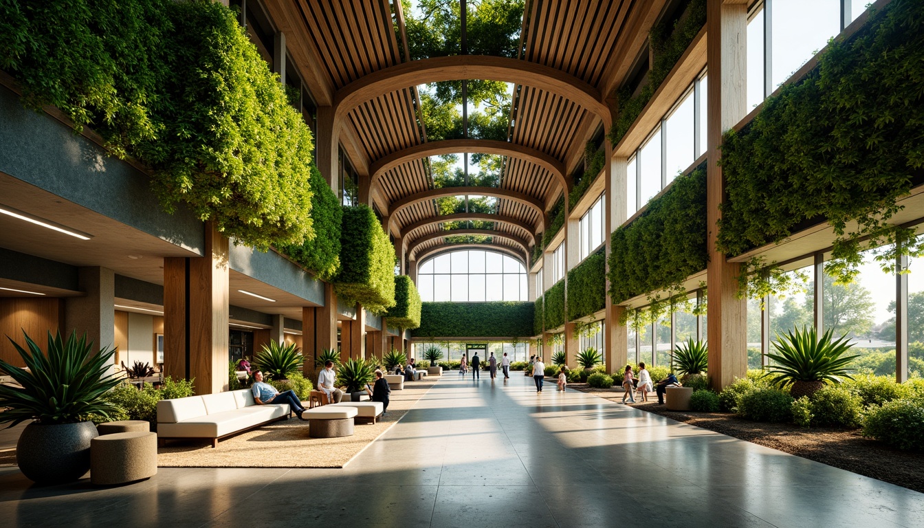 Prompt: Natural light-filled airport terminal, lush green walls, living trees, wooden accents, organic shapes, curvaceous lines, earthy tones, stone flooring, water features, rainforest-inspired ceiling, tropical plants, butterfly garden, warm lighting, shallow depth of field, 3/4 composition, panoramic view, realistic textures, ambient occlusion, minimal signage, natural ventilation systems, green roofs, solar panels, recycled materials, eco-friendly furniture, calming ambiance, comfortable seating areas.