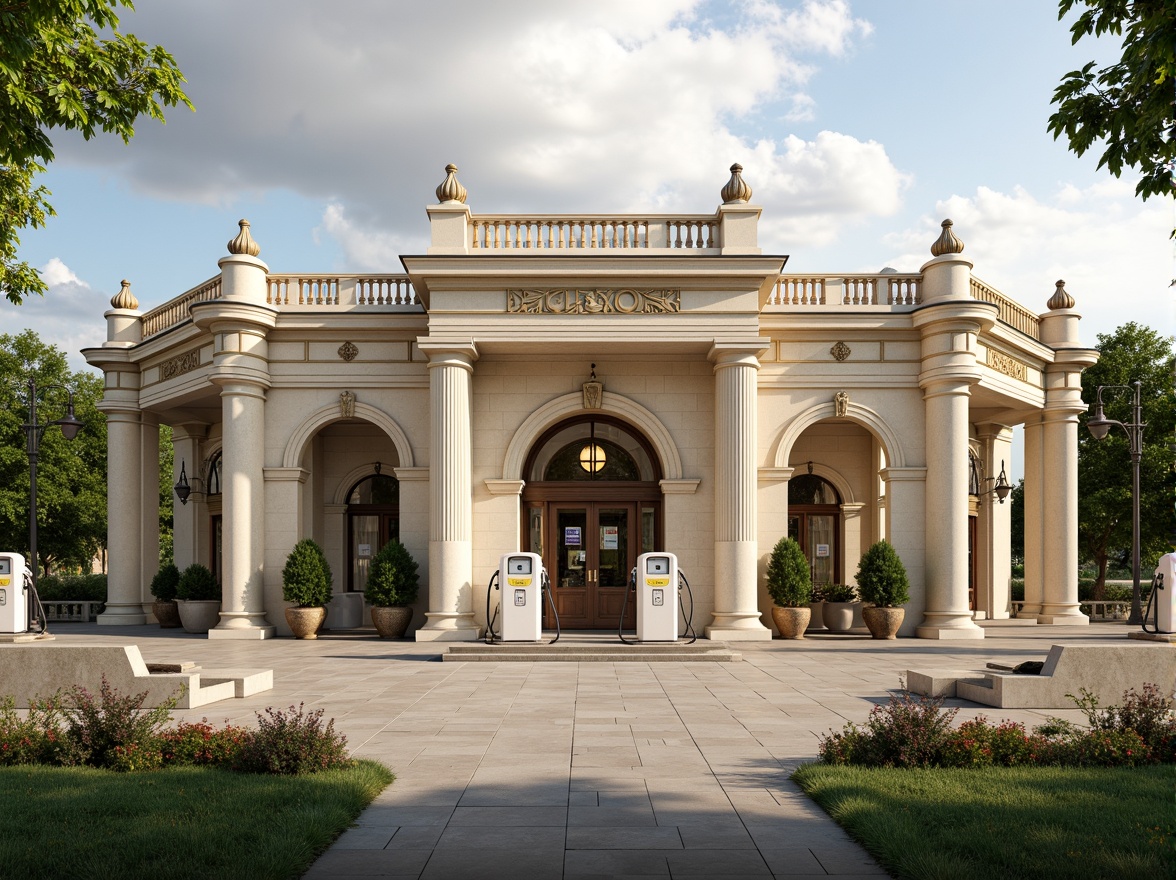 Prompt: Grandiose gas station, neoclassical columns, ornate details, symmetrical facade, cream-colored stone walls, bronze accents, intricate moldings, grand entrance, circular arches, ornamental lanterns, luxurious canopies, vintage petrol pumps, classic signage, lush greenery, manicured lawns, warm sunny day, soft natural lighting, shallow depth of field, 1/2 composition, realistic textures, ambient occlusion.