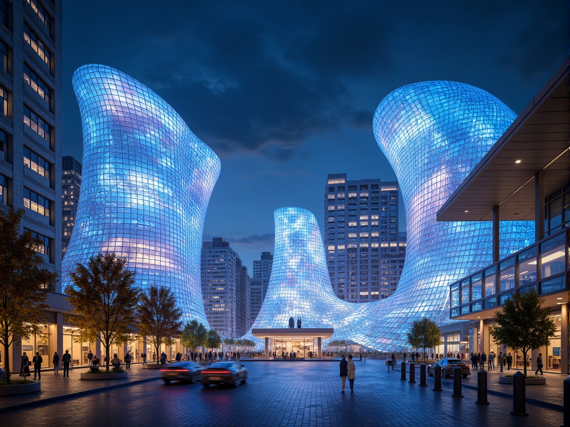 Prompt: Ethereal blob-shaped buildings, iridescent glass fa\u00e7ades, luminous LED lighting, translucent canopies, futuristic curves, metallic sheen, reflective surfaces, glossy accents, neon-lit nighttime scenes, misty atmospheric effects, shallow depth of field, 1/1 composition, realistic reflections, ambient occlusion.