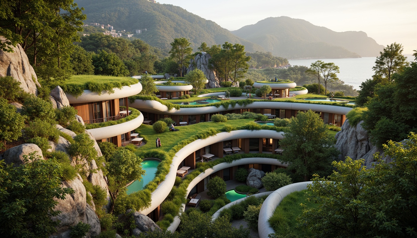 Prompt: Vibrant green roofs, lush vegetation, natural stone walls, curvaceous lines, organic shapes, bioluminescent accents, futuristic architecture, glazed fa\u00e7ades, cantilevered structures, minimalist interiors, earthy tones, reclaimed wood materials, living walls, vertical gardens, misting systems, soft warm lighting, shallow depth of field, 3/4 composition, panoramic view, realistic textures, ambient occlusion, serene atmosphere, harmonious integration with nature.