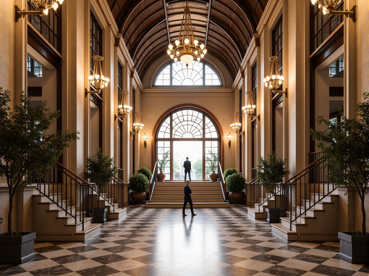 Prompt: Symmetrical entrance, grand staircase, ornate chandeliers, polished marble floors, mirrored corridors, identical twin towers, classical arches, symmetrical facades, perfect proportions, geometric patterns, harmonious colors, luxurious materials, sophisticated interior design, opulent furnishings, lavish decorations, grandiose scale, dramatic lighting, precise 1/1 composition, centralized axis, bilateral symmetry, refined textures, subtle shading, realistic reflections.