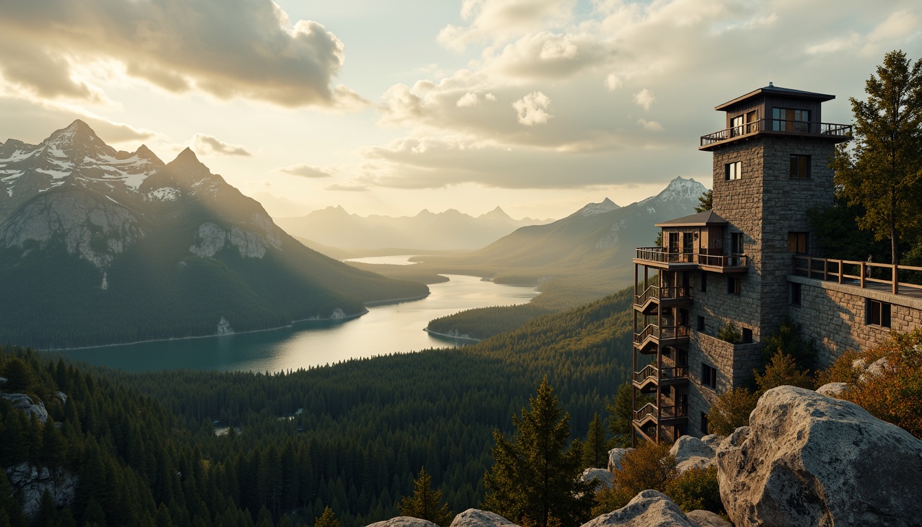 Prompt: Panoramic watchtower, rugged stone walls, wooden observation decks, winding staircases, majestic mountain ranges, serene lakeside, lush green forests, misty valleys, dramatic cloud formations, warm golden lighting, soft focus effects, atmospheric perspective, 1/2 composition, cinematic view, realistic rock textures, ambient occlusion.