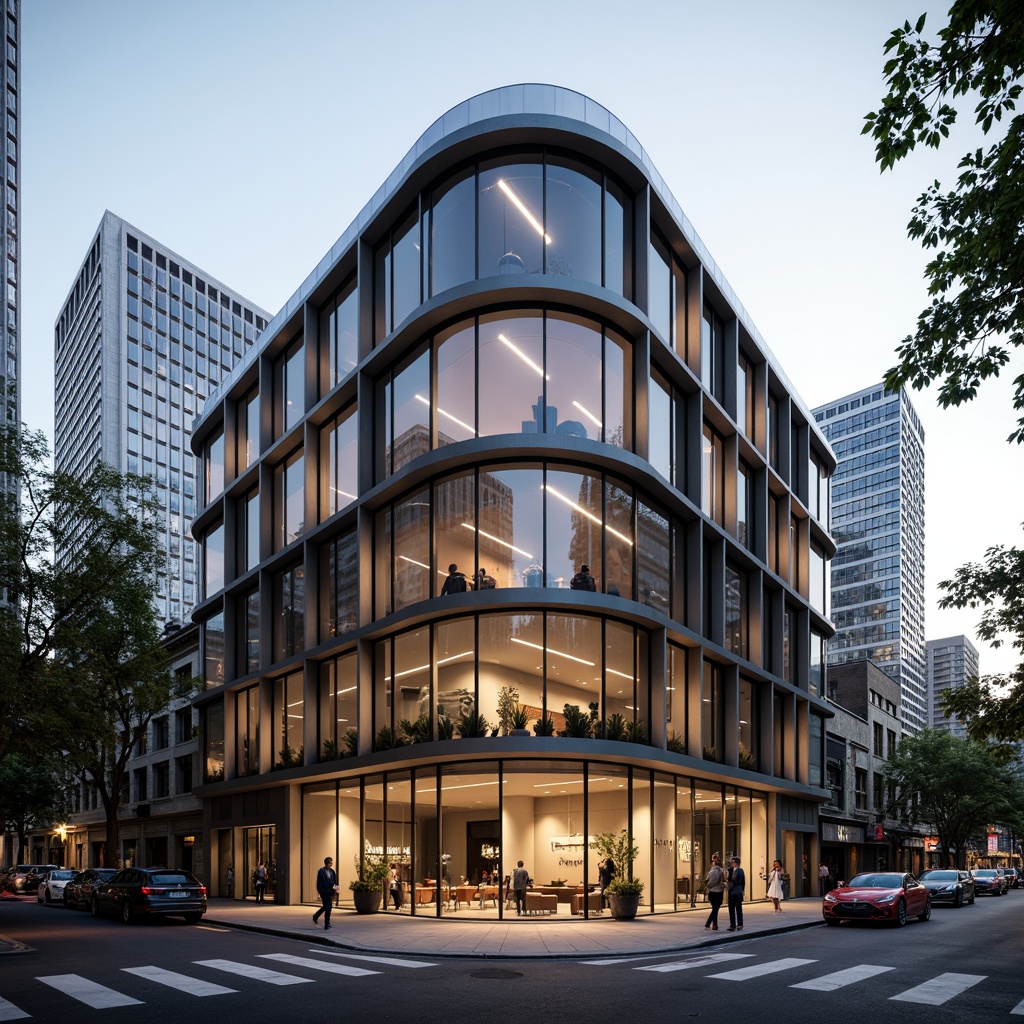 Prompt: Curved building facades, metallic materials, chrome accents, horizontal lines, minimalist ornaments, rounded edges, smooth surfaces, urban cityscape, busy streets, modern skyscrapers, sleek glass windows, reflective surfaces, 1/1 composition, low-angle shot, warm afternoon light, shallow depth of field, realistic reflections, ambient occlusion, subtle gradient maps.