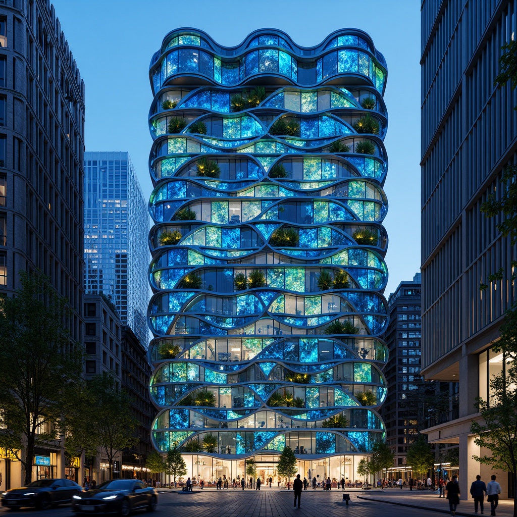 Prompt: Bioluminescent facade, undulating curves, parametric design, organic forms, cellular structures, futuristic aesthetic, glowing accents, iridescent materials, translucent panels, 3D-printed components, sustainable systems, green walls, living roofs, adaptive shading devices, kinetic architecture, responsive skin, gradient color schemes, shimmering effects, dynamic patterns, intricate networks, urban metabolism, cybernetic systems, interconnected nodes, data-driven design, algorithmic processes, computational models, futuristic cityscape, high-tech infrastructure.