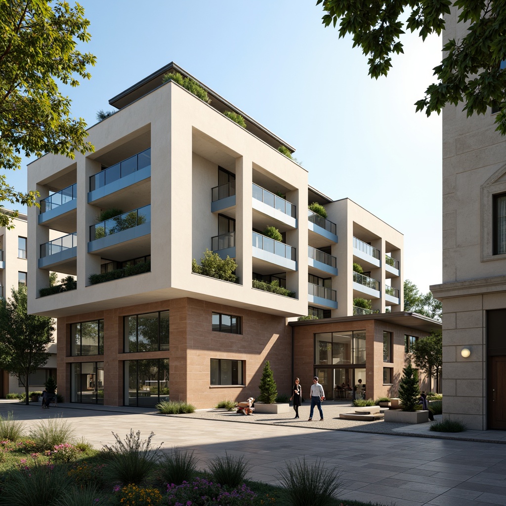 Prompt: Sleek public administration building, neutral beige facade, calming blue accents, earthy brown tones, natural stone walls, glass atrium, modern minimalist design, open floor plan, warm LED lighting, soft shadows, 1/1 composition, realistic textures, subtle ambient occlusion, serene urban environment, lush greenery, vibrant flowers, sunny day, shallow depth of field.