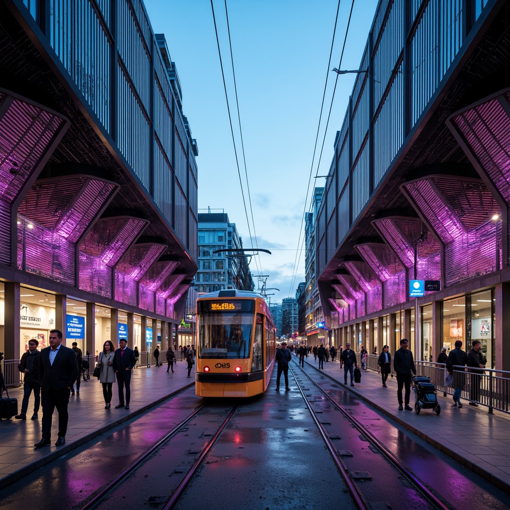 Prompt: Futuristic tram station, dynamic LED lighting, curved glass fa\u00e7ades, metallic mesh panels, angular steel structures, cantilevered roofs, vibrant neon signage, urban cityscape, bustling streets, morning rush hour, soft natural light, shallow depth of field, 1/1 composition, symmetrical view, realistic reflections, ambient occlusion.