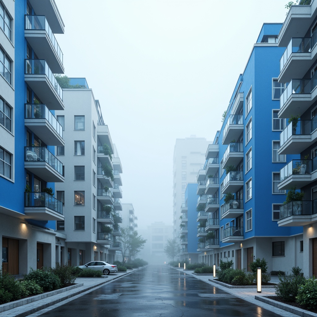 Prompt: Sky blue accent walls, crisp white facades, silver metallic roofs, sleek glass railings, modern minimalist buildings, urban cityscape, morning fog, soft diffused lighting, shallow depth of field, 1/2 composition, atmospheric perspective, realistic reflections, subtle ambient occlusion.