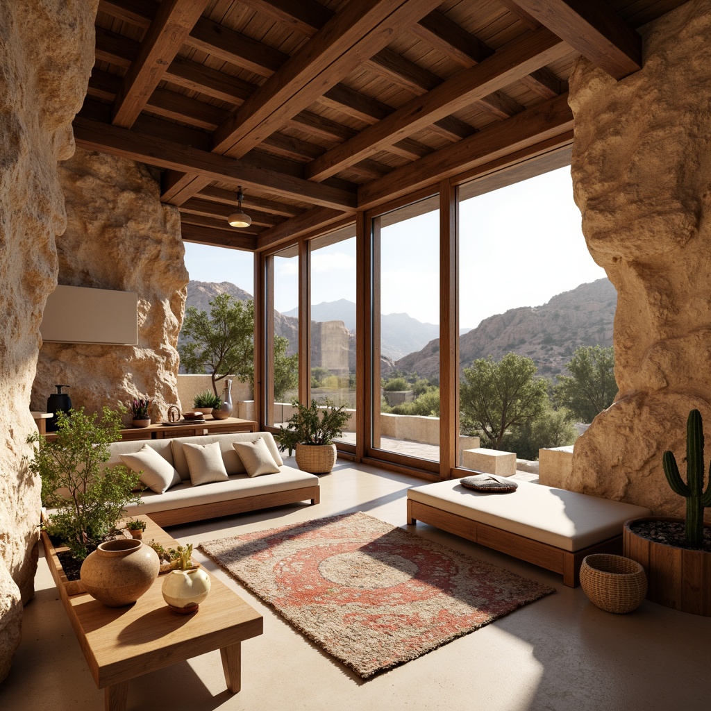 Prompt: Earth-toned canyon-inspired interior, natural rock formations, wooden accents, sandy beige floors, southwestern patterned rugs, rustic wooden furniture, woven basket lighting, earthy ceramics, cactus-shaped decorative pieces, floor-to-ceiling windows, panoramic views, modern minimalist decor, industrial metal beams, reclaimed wood ceilings, cozy reading nooks, warm ambient lighting, 1/1 composition, soft focus, natural textures.