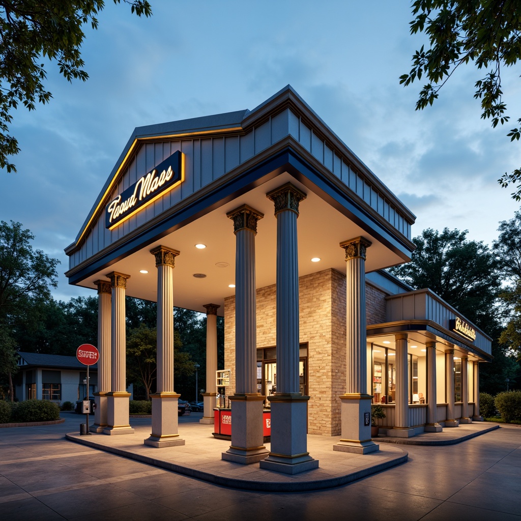 Prompt: Neoclassical gas station, grandiose columns, ornate facades, symmetrical architecture, neutral beige walls, rich navy blue accents, bold golden trim, sleek metallic canopies, vintage-inspired signage, classic typography, subtle gradient effects, warm evening lighting, soft shadows, 1/2 composition, atmospheric perspective, realistic reflections, ornamental details.Please let me know if you need any adjustments!