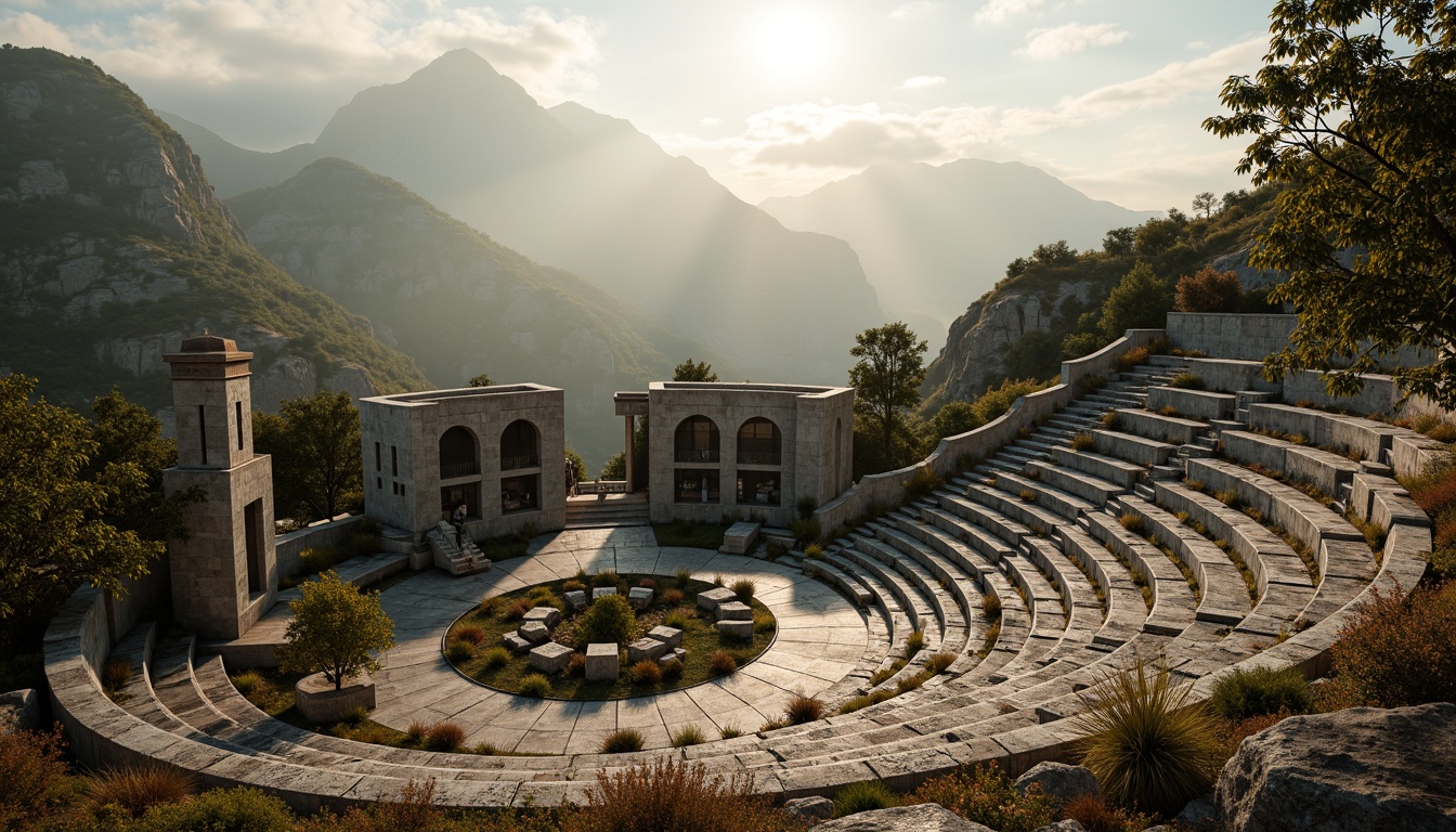 Prompt: Rugged natural amphitheater, brutalist concrete architecture, tiered seating areas, native plant species, weathered stone walls, rustic wooden benches, dramatic topography, majestic mountain views, misty atmospheric conditions, warm golden lighting, shallow depth of field, 1/1 composition, symmetrical framing, abstract textures, cinematic mood.