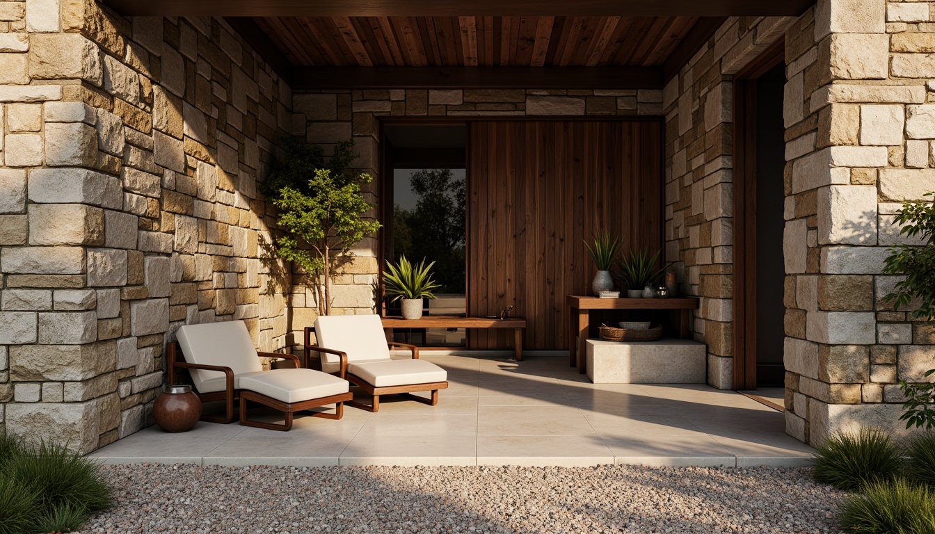 Prompt: Weathered stone walls, rough-hewn wooden planks, rusty metal accents, tactile concrete floors, pebbledash exteriors, organic natural materials, earthy color palette, rugged landscape-inspired design, dramatic shadows, warm ambient lighting, 3/4 composition, shallow depth of field, realistic textures, ambient occlusion.