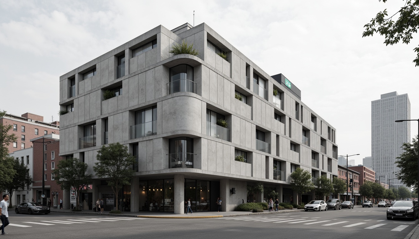 Prompt: Geometric concrete facade, brutalist architecture, industrial materials, raw textures, minimalist ornamentation, functional simplicity, rectangular forms, clean lines, monochromatic color scheme, urban context, cityscape background, dramatic shadows, high-contrast lighting, 1/1 composition, realistic rendering, ambient occlusion.