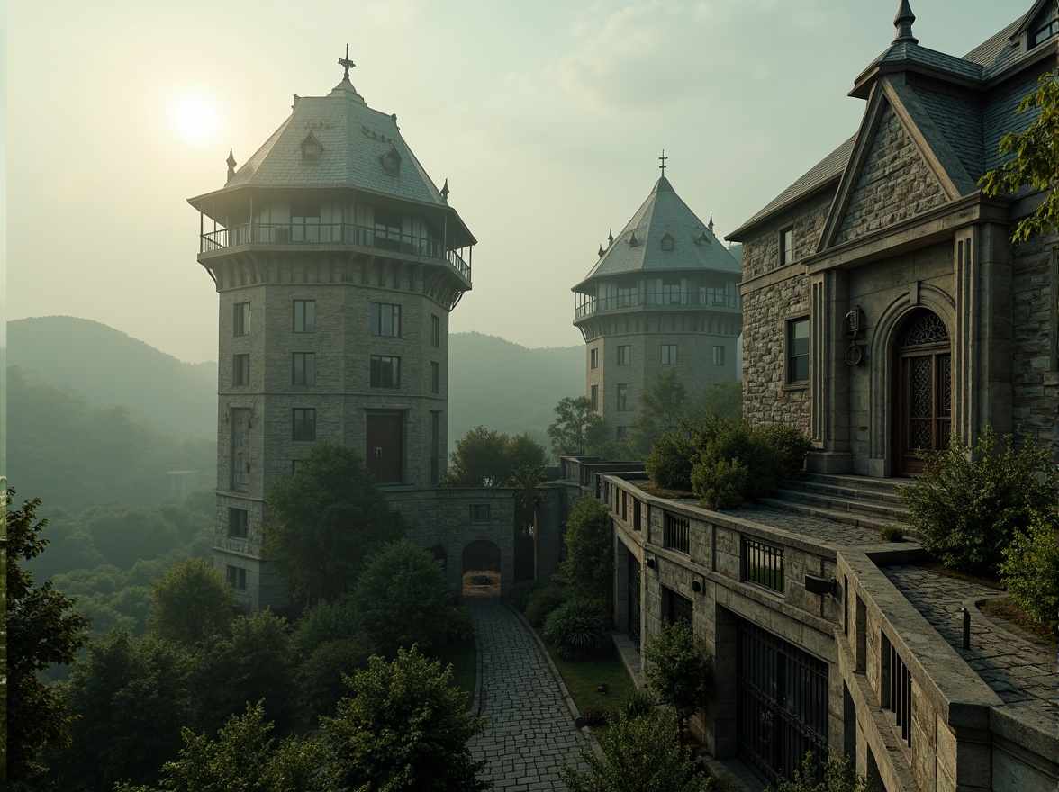 Prompt: Majestic watchtowers, medieval architecture, stone walls, Gothic spires, grandeur scale, misty morning, mystical atmosphere, soft warm lighting, dramatic shadows, 1/2 composition, low-angle shot, cinematic view, detailed textures, ambient occlusion, ivy-covered walls, ornate iron gates, weathered wooden doors, rusty hinges, moss-covered roofs, overgrown vegetation, ancient trees, rolling hills, distant misty mountains.