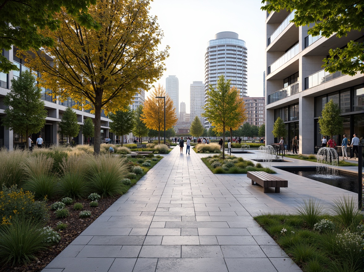 Prompt: Vibrant urban plaza, lush greenery, pedestrian pathways, modern street furniture, dynamic water features, public art installations, spacious walkways, natural stone pavers, sleek metal benches, minimalist landscaping, ambient lighting, soft warm glow, shallow depth of field, 3/4 composition, panoramic view, realistic textures, ambient occlusion.