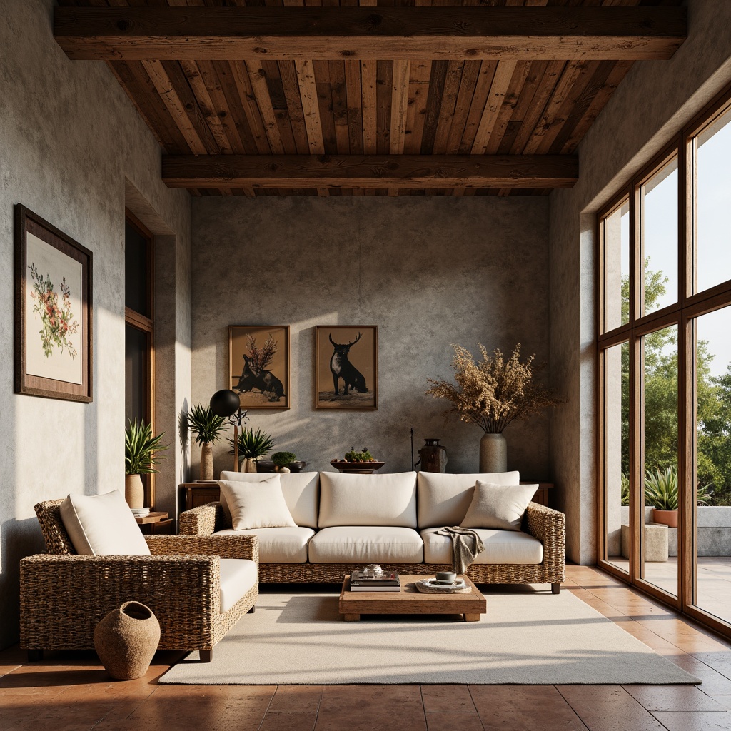 Prompt: Rustic wooden planks, distressed stone walls, rough-hewn concrete floors, industrial metal beams, reclaimed wood accents, earthy terracotta tiles, natural linen fabrics, woven rattan furniture, organic shapes, irregular patterns, tactile experiences, inviting atmospheres, cozy ambient lighting, shallow depth of field, 3/4 composition, warm color palette.