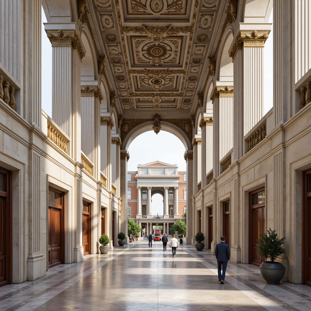 Prompt: Elegant neoclassical buildings, ornate decorations, classical columns, symmetrical facades, grandiose entranceways, limestone walls, marble floors, golden accents, rich wood tones, intricate moldings, subtle earthy colors, soft creamy whites, warm beige tones, gentle blue hues, serene natural light, dramatic shadows, high contrast lighting, detailed textures, realistic rendering, 1/2 composition, ornate details, historical references.