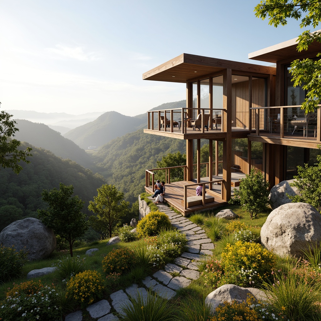 Prompt: Panoramic viewing tower, harmonious landscape integration, rolling hills, lush greenery, vibrant wildflowers, meandering stone pathways, wooden decking, rustic railings, natural rock formations, weathered wood accents, modern minimalist architecture, large glass windows, sliding doors, scenic lookout points, binoculars, telescopes, warm sunny day, soft warm lighting, atmospheric mist, shallow depth of field, 2/3 composition, realistic textures, ambient occlusion.