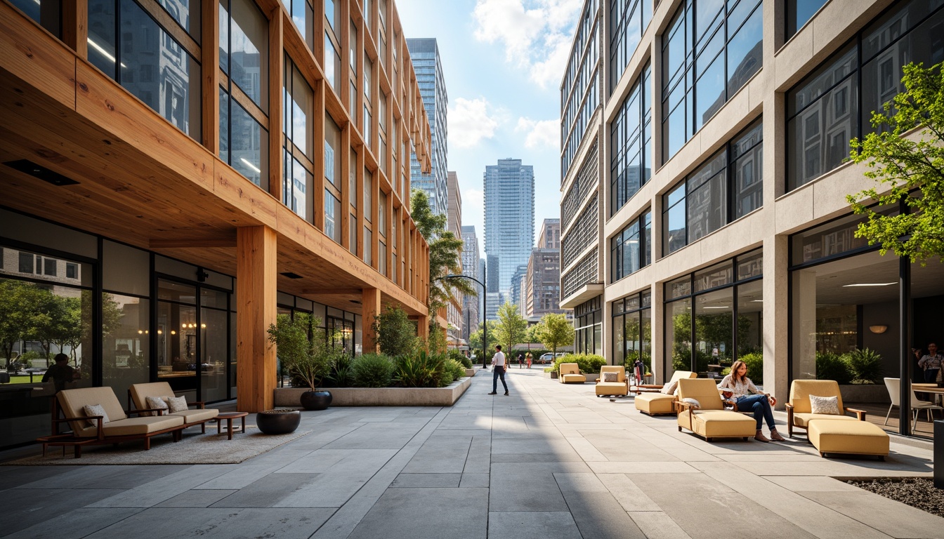 Prompt: Vibrant urban landscape, contemporary buildings, sleek glass facades, metallic accents, warm beige tones, rich wood textures, industrial chic interiors, exposed ductwork, polished concrete floors, minimalist decor, pops of bold color, natural light pouring in, airy open spaces, 1/1 composition, soft focus, ambient occlusion.