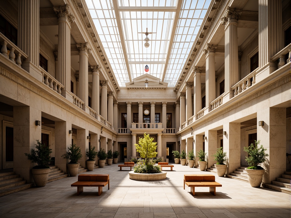 Prompt: Grand courthouse facade, neoclassical architecture, majestic columns, ornate details, large windows, natural stone walls, symmetrical composition, central clock tower, American flag, sunny day, soft warm lighting, shallow depth of field, 3/4 composition, panoramic view, realistic textures, ambient occlusion, grand staircase, marble floors, wooden benches, elegant chandeliers, spacious atrium, clerestory windows, natural light pouring in, calm atmosphere.