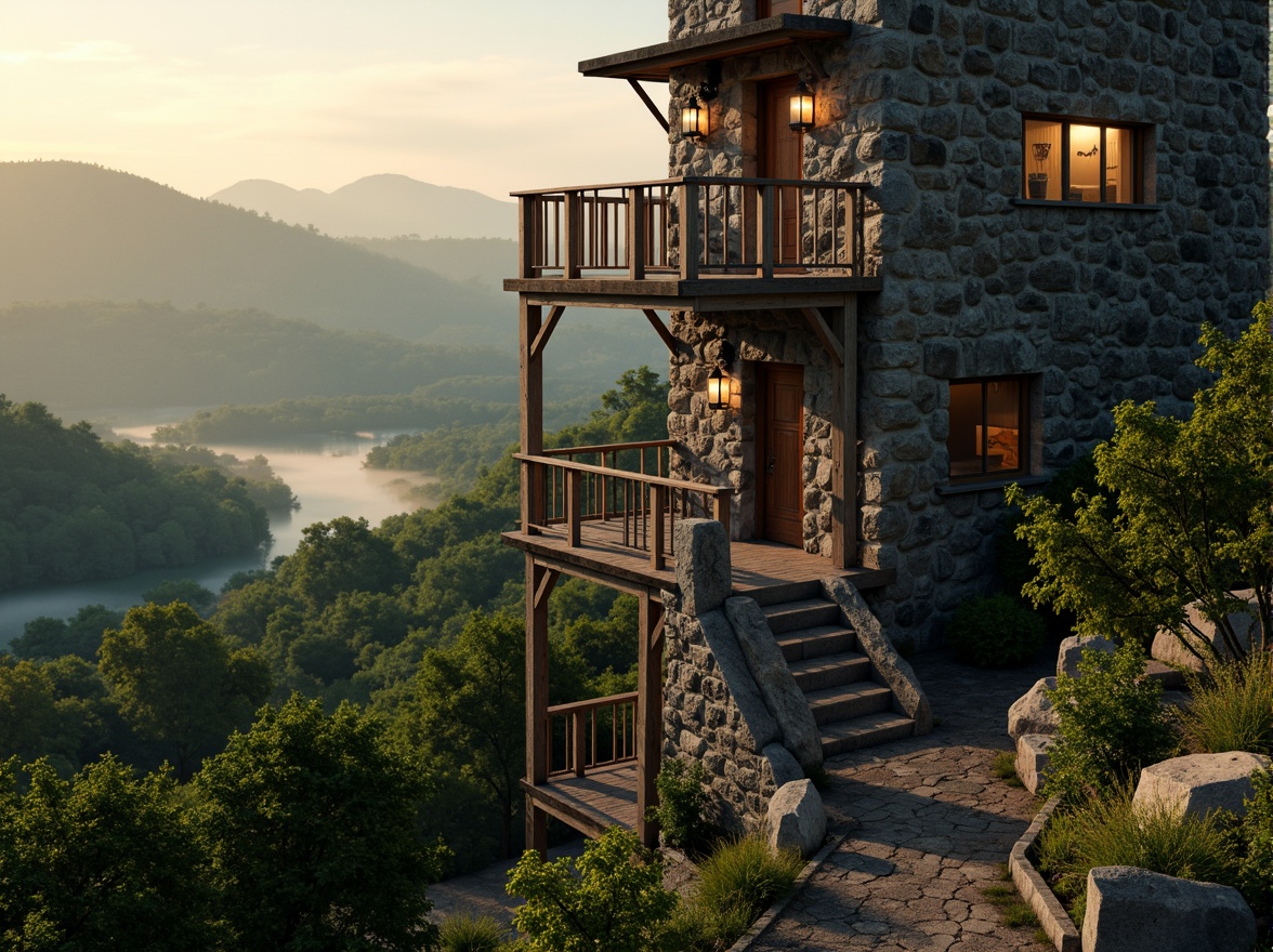 Prompt: Panoramic watchtower, rugged stone foundation, verdant surrounding hills, winding staircase, wooden railings, rustic lanterns, misty dawn atmosphere, warm golden lighting, soft focus effect, 1/2 composition, cinematic view, detailed textures, natural ambient sounds, serene forest background, twinkling starry night sky, gentle breeze effects, weathered wooden accents, earthy color palette, organic forms, blending with nature.