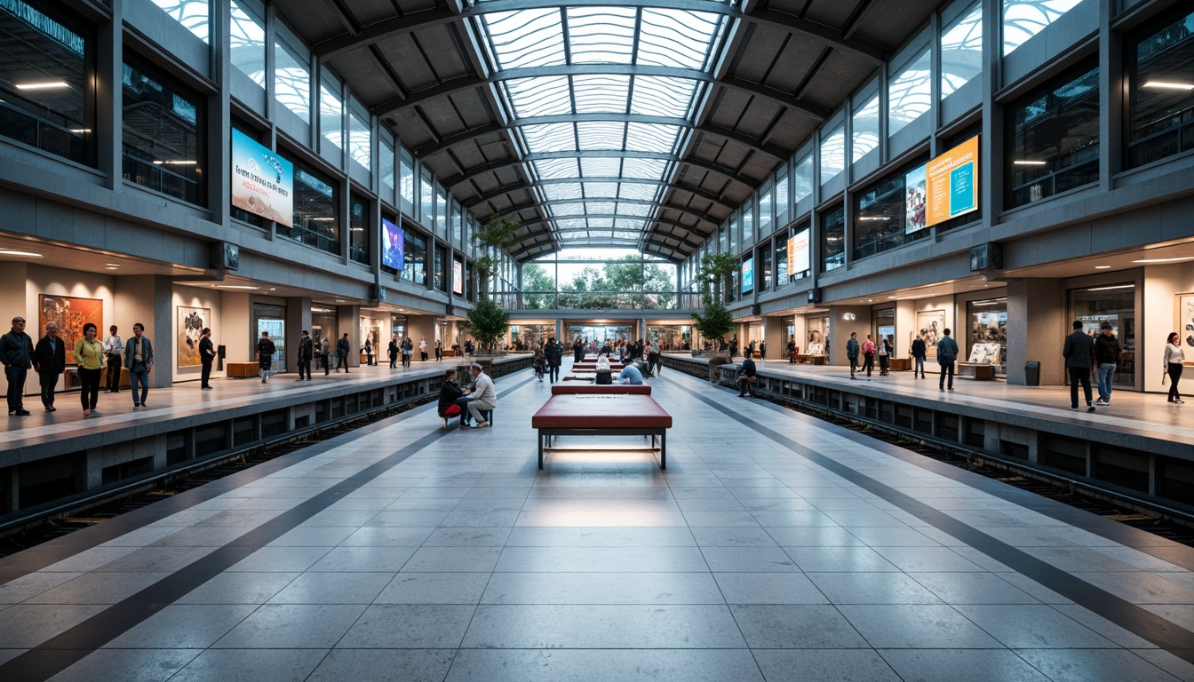 Prompt: Urban metro station, modern architecture, sleek metal beams, polished concrete floors, glass roofing, natural ventilation systems, energy-efficient lighting, vibrant LED displays, futuristic signage, stainless steel handrails, durable ceramic tiles, acoustic soundproofing materials, minimalist seating areas, open atrium design, abundant natural light, subtle color palette, 1/2 composition, wide-angle lens, softbox lighting, realistic reflections.