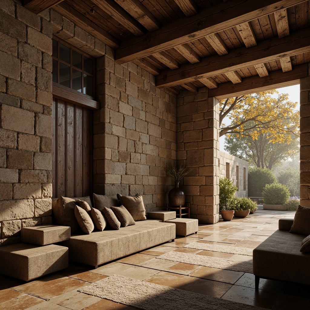 Prompt: Rustic stone walls, weathered wooden planks, distressed metal panels, rough-hewn concrete blocks, earthy tone, natural textures, organic forms, irregular shapes, asymmetrical compositions, warm golden lighting, dramatic shadows, atmospheric perspective, 1/1 composition, realistic renderings, detailed normal maps.