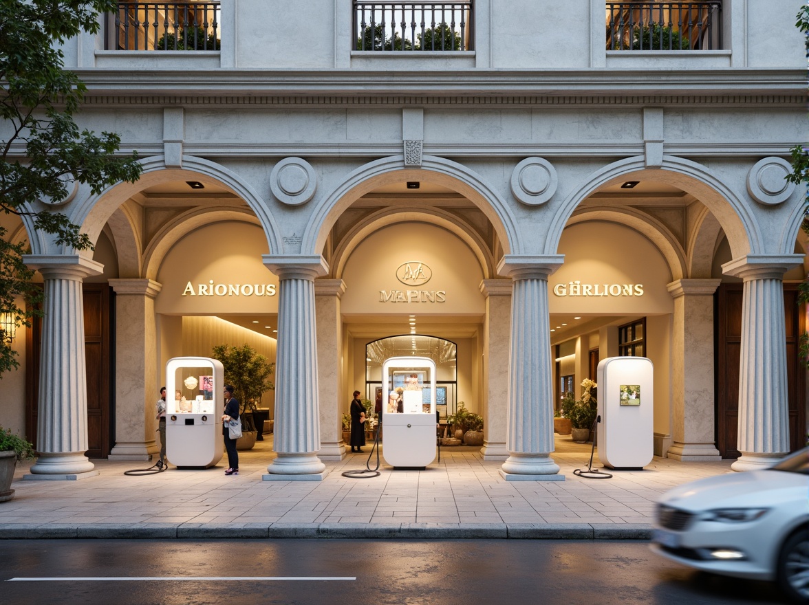 Prompt: Grandiose charging station, ornate columns, intricate moldings, symmetrical facade, classical arches, ornamental cornices, neutral color palette, creamy whites, soft grays, subtle gold accents, elegant typography, refined metal details, premium materials, sleek LED lighting, warm ambient glow, shallow depth of field, 1/2 composition, realistic textures, ambient occlusion.