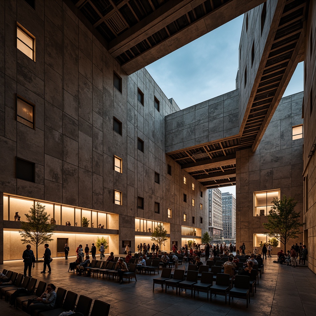 Prompt: Rugged concert house, brutalist architecture, exposed concrete walls, raw textures, rough-hewn stone, industrial metal beams, distressed wood accents, minimalist decor, bold geometric shapes, dramatic natural light, high ceilings, open floor plan, urban cityscape, evening ambiance, warm stage lighting, shallow depth of field, 1/2 composition, cinematic atmosphere, realistic materials, ambient occlusion.