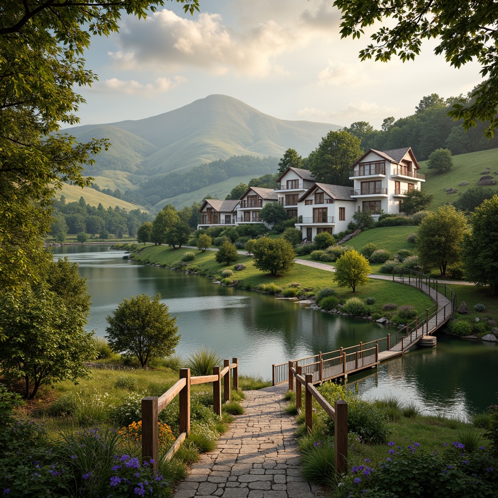 Prompt: Whimsical villas, undulating hills, serene lakeside, lush greenery, vibrant wildflowers, meandering stone paths, rustic wooden bridges, ornate iron gates, majestic oak trees, soft misty mornings, warm golden lighting, dramatic cloud formations, 1/2 composition, atmospheric perspective, dreamy watercolor textures, subtle color grading.