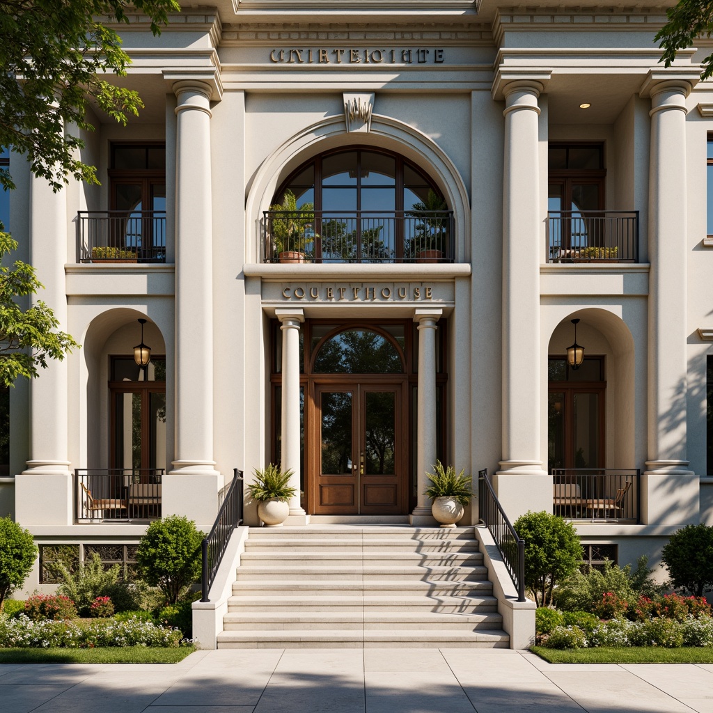 Prompt: Grandiose courthouse entrance, imposing stone columns, ornate Corinthian capitals, symmetrical facade, central pediment, majestic bronze doors, intricate carvings, classical arches, subtle rustication, dignified granite steps, ornamental metal railings, stately lanterns, formal landscaping, vibrant flower beds, sunny afternoon light, soft shadows, shallow depth of field, 2/3 composition, realistic textures, ambient occlusion.