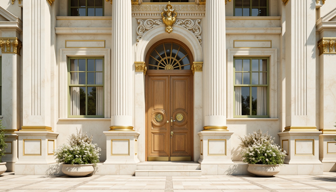 Prompt: Elegant neoclassical facade, creamy white marble columns, ornate golden details, soft mint green accents, warm beige stonework, intricate classical patterns, grand symmetrical composition, bright natural light, subtle gradient shading, realistic stone textures, ambient occlusion, 1/2 composition, shallow depth of field, harmonious color balance, sophisticated architectural elements.