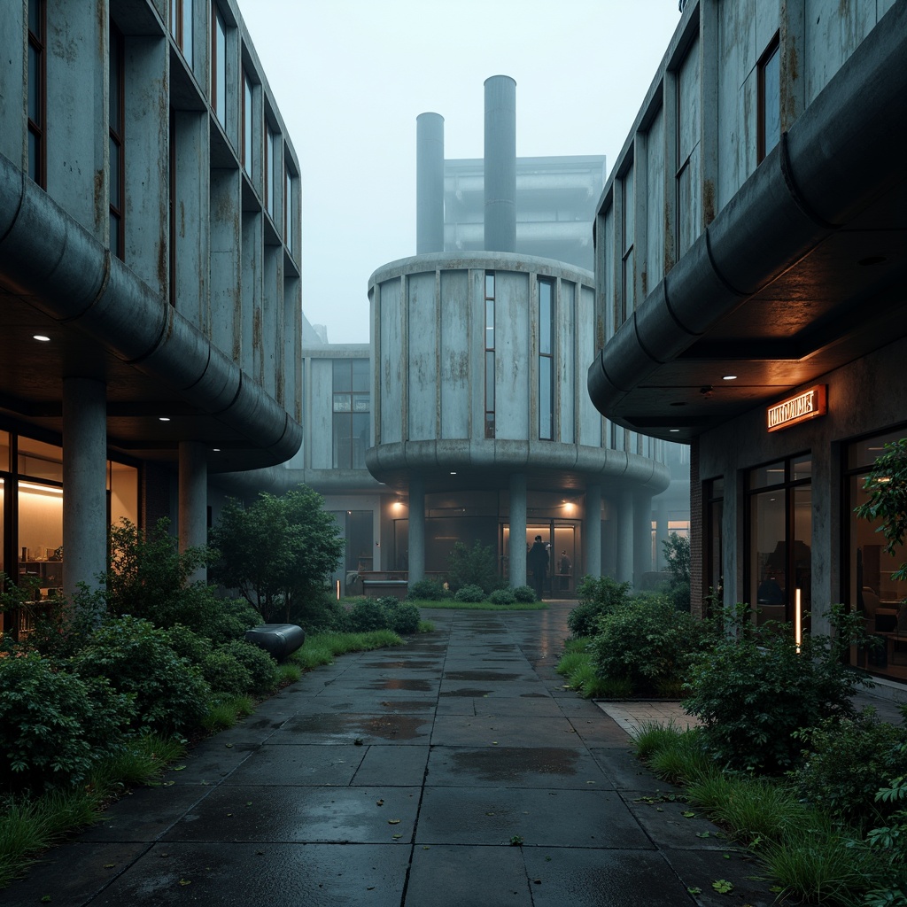 Prompt: Curved factory buildings, irregular blob-like forms, metallic materials, industrial textures, rusted pipes, exposed ductwork, neon accent lighting, foggy atmosphere, softbox illumination, shallow depth of field, 1/1 composition, cinematic perspective, futuristic ambiance, cyberpunk vibes, dark mysterious mood, eerie soundscape, misty surroundings, abandoned industrial site, overgrown vegetation, worn concrete floors.