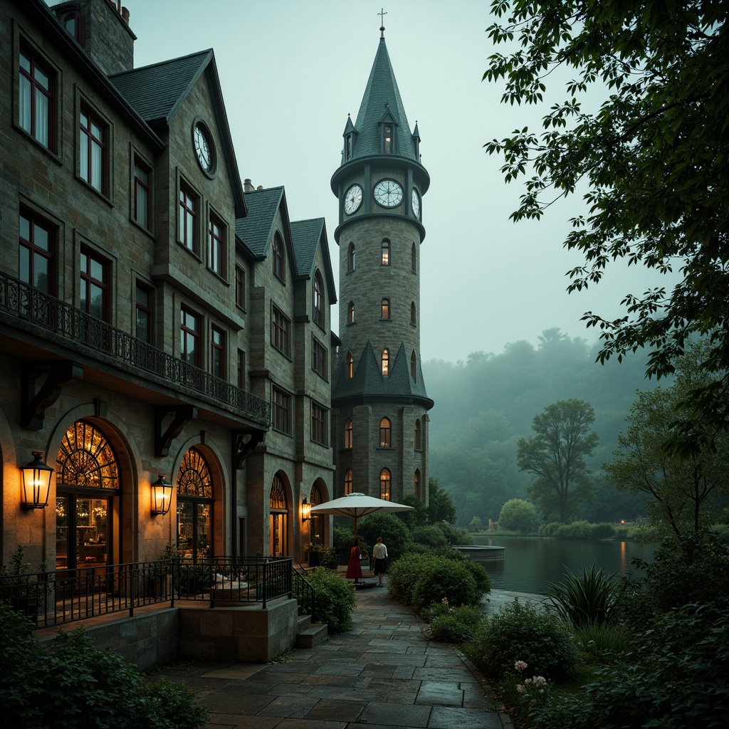 Prompt: Dramatic Gothic towers, mystical misty atmosphere, rugged stone walls, winding staircases, grandiose arches, ornate metalwork, lavish furnishings, mysterious lanterns, intricate stained glass windows, majestic clock towers, rolling hills, lush green forests, serene lakeside scenery, warm golden lighting, shallow depth of field, 1/1 composition, symmetrical framing, realistic textures, ambient occlusion.