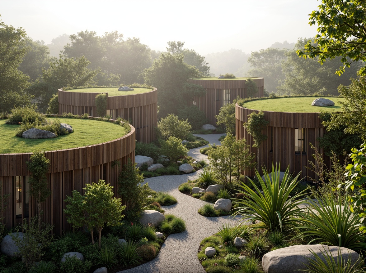 Prompt: Harmonious landscape integration, curved building lines, green roofs, native plant species, meandering walkways, natural stone walls, rustic wooden accents, earthy color palette, seamless transitions, organic architecture, eco-friendly materials, solar panels, rainwater harvesting systems, minimal visual impact, blending with surroundings, soft morning light, atmospheric mist, shallow depth of field, 2/3 composition, cinematic view.