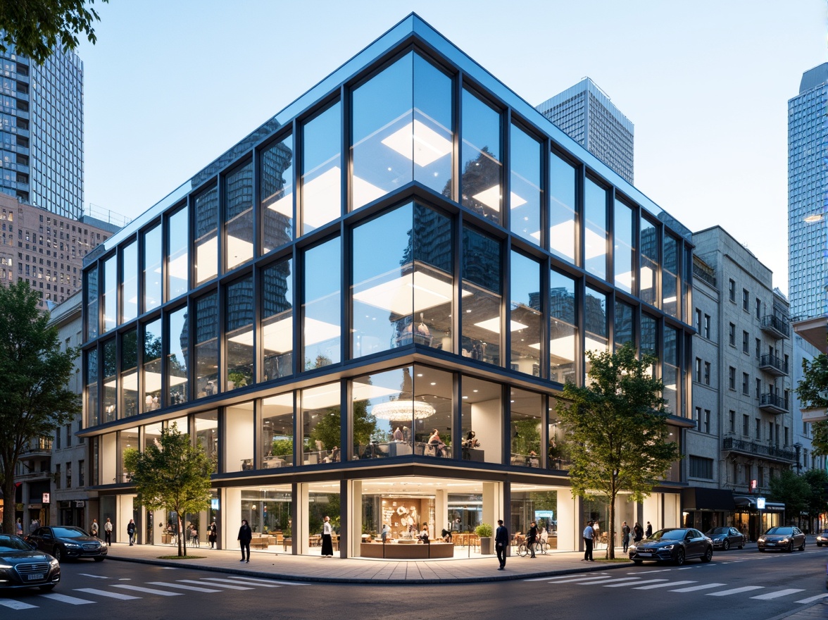 Prompt: Contemporary glass building, transparent facade, minimalist design, sleek metal frames, reflective surfaces, crystal clear windows, open floor plan, airy atmosphere, natural light pouring in, urban cityscape background, busy street scene, modern skyscrapers nearby, 1/1 composition, softbox lighting, shallow depth of field, panoramic view, realistic glass textures, ambient occlusion.