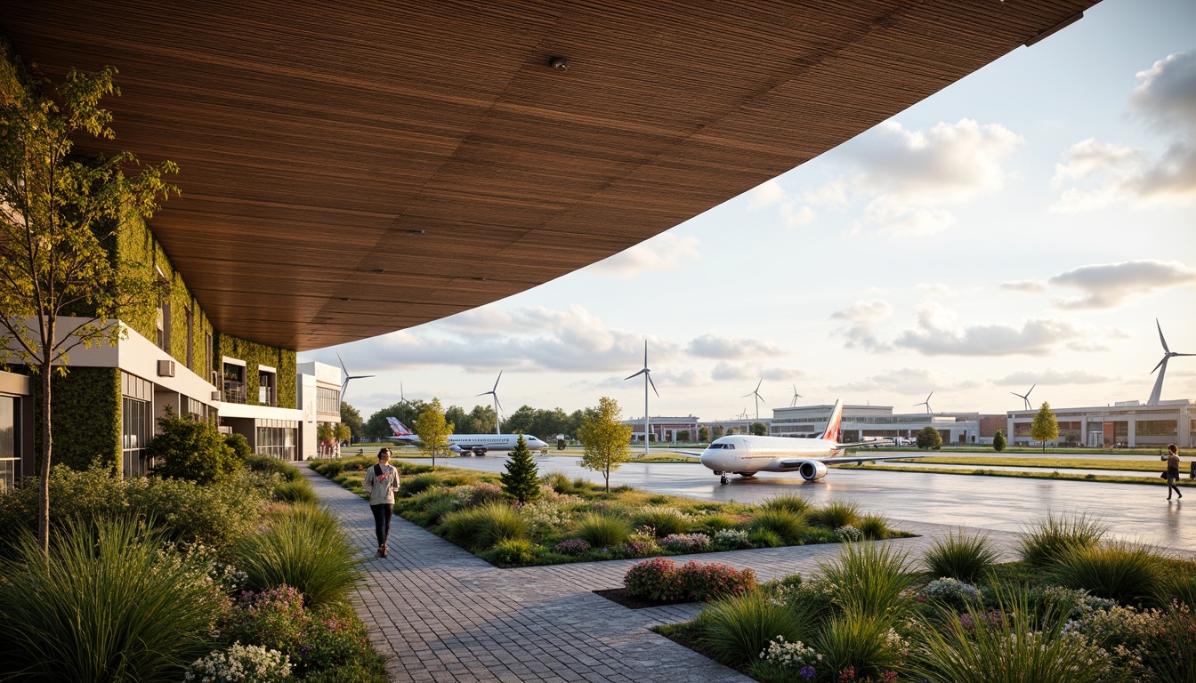 Prompt: Sustainable airport terminal, curved wooden beams, recycled aluminum roofing, translucent glass fa\u00e7ade, living green walls, natural ventilation systems, energy-harvesting wind turbines, solar-powered airfield lighting, rainwater harvesting systems, permeable pavement, native plant landscaping, eco-friendly signage, minimal waste management, organic food court, biodegradable passenger seating, soft warm lighting, shallow depth of field, 3/4 composition, panoramic view, realistic textures, ambient occlusion.