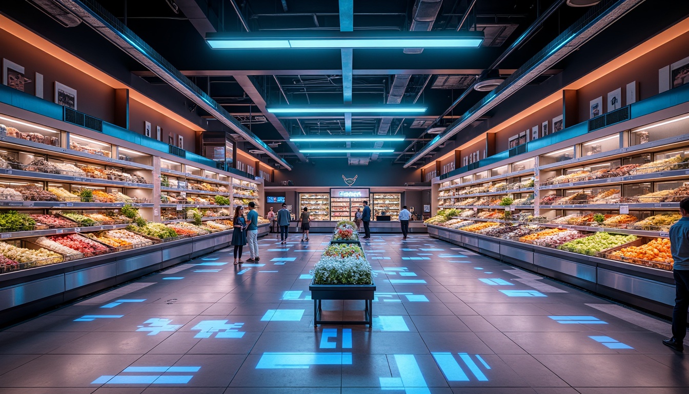 Prompt: Futuristic grocery store interior, sleek metallic shelves, neon-lit aisles, holographic product displays, transparent glass floors, ambient LED lighting, soft warm glow, dynamic color-changing ceilings, minimalist decor, high-tech cashiers, self-service kiosks, automated shopping carts, robotic assistants, futuristic product packaging, misting systems, climate-controlled environments, vertical farming installations, hydroponic systems, circular economy-inspired design, eco-friendly materials, recycled plastics, bioluminescent accents, 3D-printed decorations, panoramic views, shallow depth of field.