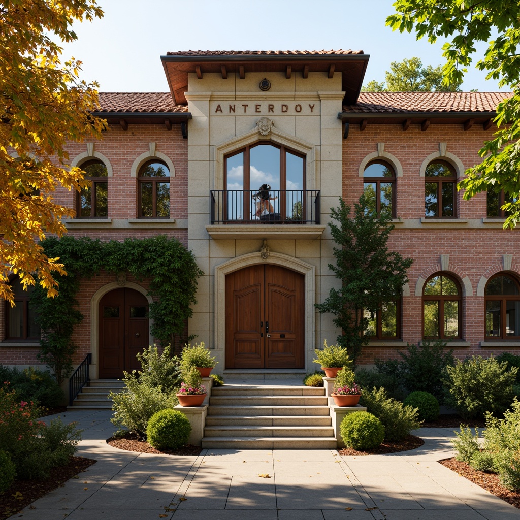 Prompt: Rustic school building, Romanesque style facade, arched windows, stone carvings, ornate doorways, brick walls, clay tile roofs, lush green ivy, vibrant flower boxes, educational signage, worn stone steps, weathered wooden doors, warm afternoon sunlight, soft golden lighting, shallow depth of field, 1/1 composition, symmetrical framing, realistic textures, ambient occlusion.