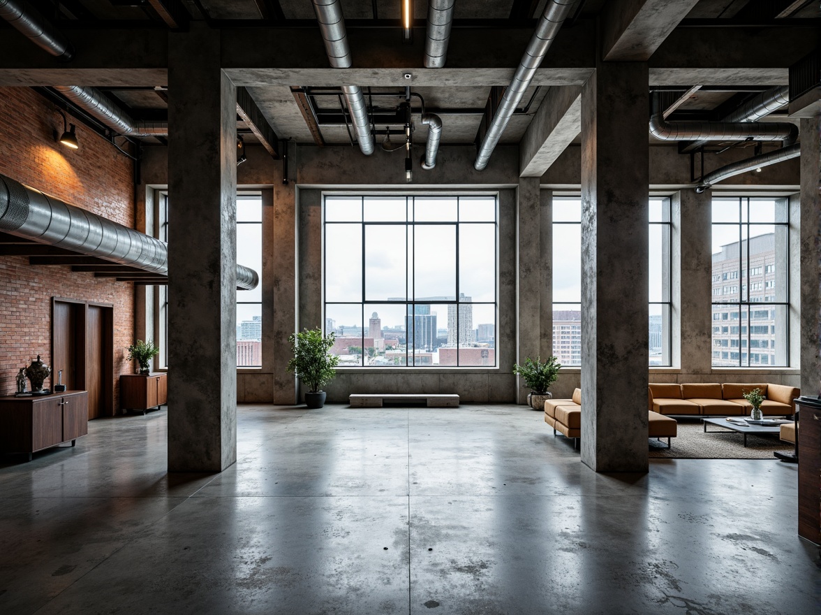 Prompt: Industrial metal frameworks, exposed ductwork, polished concrete floors, reclaimed wood accents, raw steel beams, brutalist concrete walls, industrial glass windows, minimalist decorative elements, functional pipes, distressed finishes, urban cityscape, overcast sky, dramatic lighting, low-angle composition, high-contrast textures, realistic reflections.